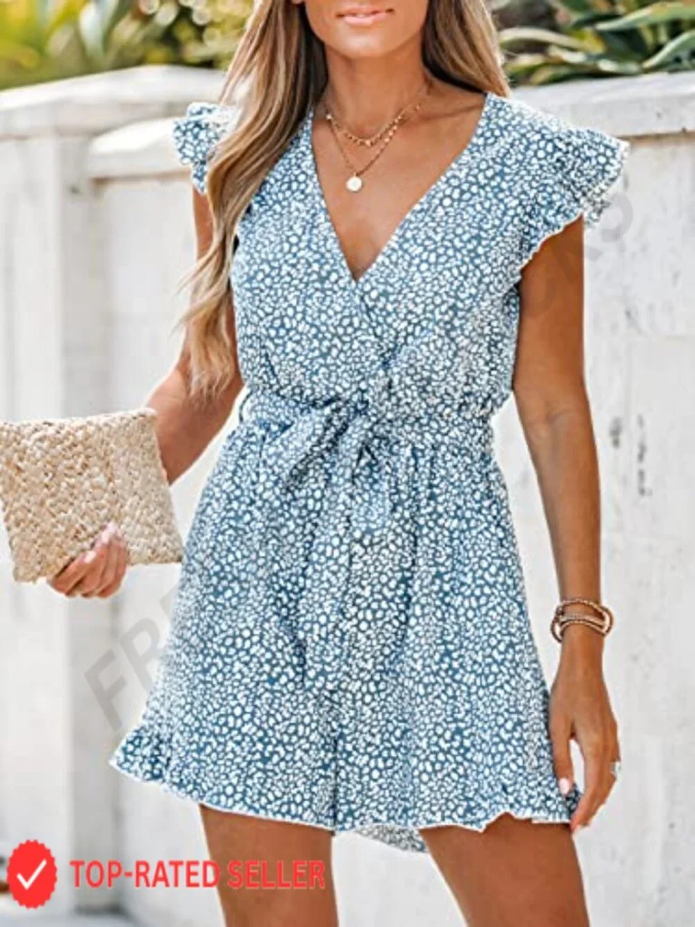 Womens V Neck Floral Romper Belted Cap Sleeve Mini Jumpsuit Polyester